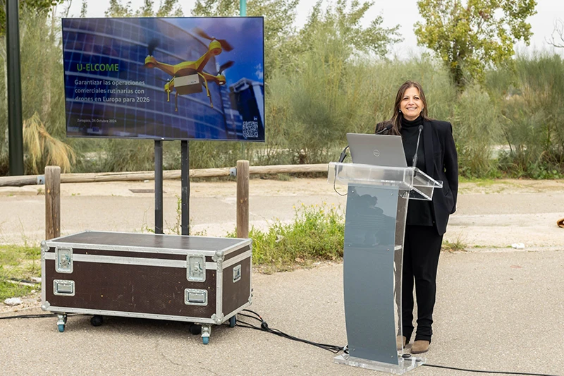 Isabel Buatas, directora de HERA y Expodrnica y responsable de comunicacin del proyecto U-Elcome, durante la presentacin de las pruebas del U-Space en Zaragoza.